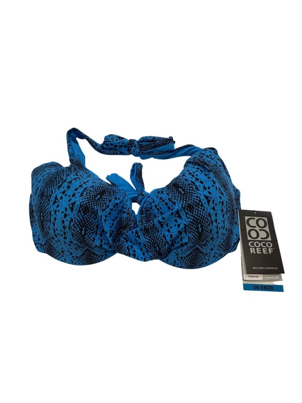 NWT Coco Reef Blue & Black Snake Print Bikini Top 36/38DD Ties Perfectionfit Tec